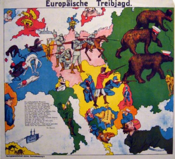 1914'teki renkli harita, Almanya'nn bakenti Berlin'de izildi ancak propaganda haritasn izen kii bilinmiyor. Haritada Osmanl mparatorluu bu kez daha gen bir adam eklinde yer alm. Osmanl'y temsil eden adamn koynunda bir kl bulunuyor.