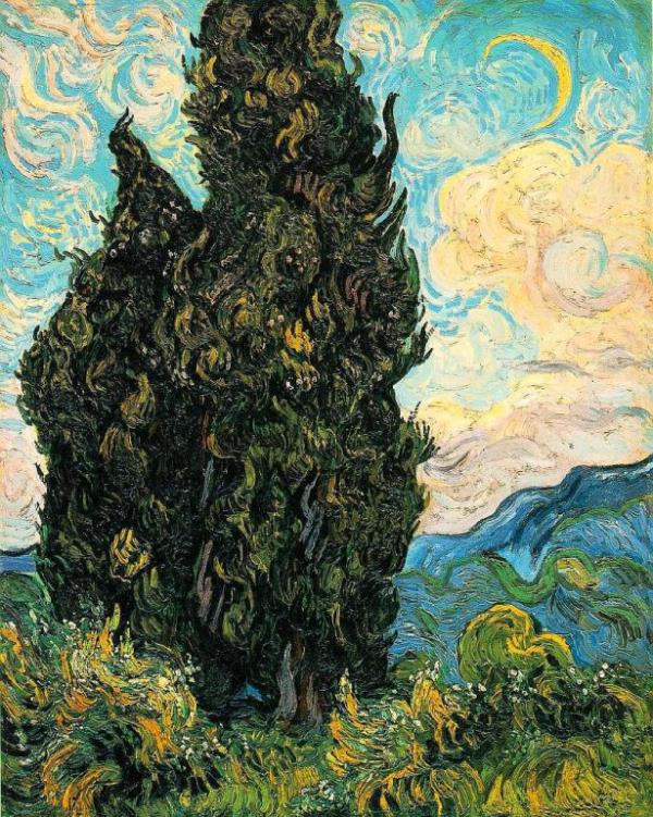 <br><b>Van Gogh - Cypresses (1889) - Metropolitan Museum of Art, New York</b></br>  Eser Vincent Van Gogh'un 7 Selvi tablosundan biridir.Eserde vurgu sol taraftaki iki selvidedir.Eser New York'da Metropolitan Museum of Art'ta sergilenmektedir.