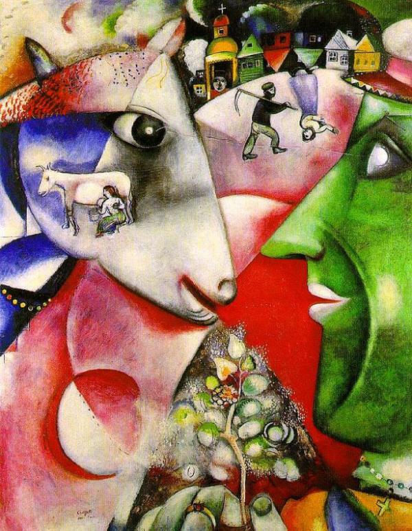 <br><b>Chagall - I and the Village (1911) - Museum of Modern Art, New York</b></br>  Chagall'n eserinde Dou Avrupa halk hikayeleri ve kltrnn hem Rus hem de Yidi etkileri grlr.Ky temal eserde altta grlen yaam aac gibi semiyotik elementler bulunur.Chagall'n ocukluk anlarndan esinlenerek yapt dnlmektedir.1911'de yaplmtr ve New York'da Museum of Modern Art'da sergilenmektedir.