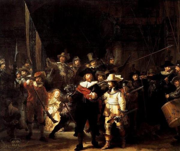 <br><b>Rembrandt - Militia Company (1642) - Stedelijk Museum, Amsterdam</b></br>  Eserde Yzba Frans Banning Cocq(siyah elbiseli) ve askerlerinin ilerlemesi resmedilmitir.Ressamn en bilinen resmidir.Amsterdam'da Stedelijk Museum'da sergilenmektedir.