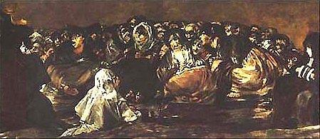 <br><b>Goya - Aquelarre/ Il Grande Caprone (1821) - Prado, Madrid</b></br>  Goya'nn 14 Kara Tablo eserinden biridir.Eserde kei grnmndeki eytan korkmu ve irkin cadlar ynetmektedir.Eser Madrid'de Prado mzesinde sergilenmektedir.