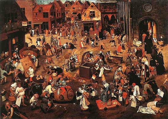 <br><b>Bruegel - The Battle Between Carnival and Lent (1559) - Kunsthistorisches Museum, Viyana</b></br>  Eserde Gney Hollanda'da bir festivalde farkl kesimlerin festivali farkl ekillerde kutlamas resmedilmitir.Bir tarafta elence,bir tarafta din vardr.Eser Viyana'da Kunsthistorisches Museum'da sergilenmektedir.