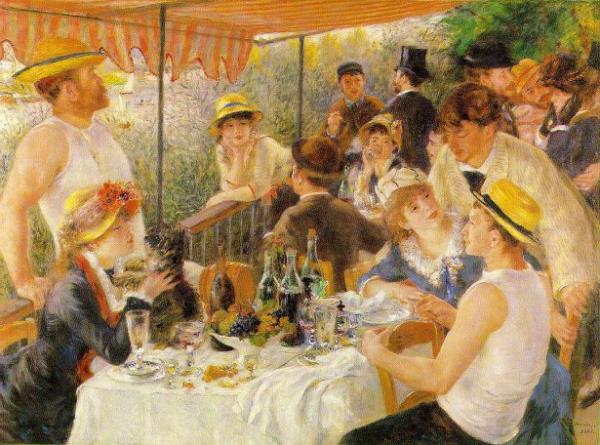 <br><b>Renoir - Le Dejeuner des Canotiers (1881) - Phillips Collection, Washington</b></br>  Fransa'nn Chatou ehrinde Seine nehrinin kenarndaki Fournaise konann balkonunda Renoir'in arkadalar grlmektedir.Resmin sa alt ksmndaki Renoir'in arkada ressam Gustave Caillebotte'dir,kpekle oynayan ise Renoir'in gelecekteki ei Aline Charigot'tur.Eser Washington'da Phillips Collection galerisinde sergilenmektedir.