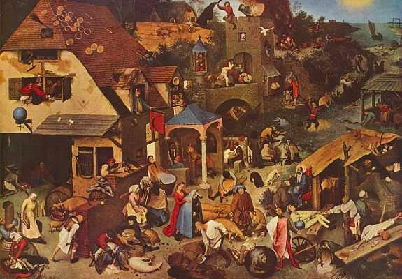 <br><b>Bruegel - Dutch Proverbs (1559) - Gemaldegalerie, Berlin</b></br>  Eser dnemin Felemenke ataszlerini tasvir eden grntlerden meydana gelen tablodur. Resim, birok ataszne yaplm olan atflarla doludur. Bunlarn byk blm halen kullanlmakta olan ya da o dnemde kullanld bilinen ataszleridir.Berlin'de Gemaldegalerie'de sergilenmektedir.