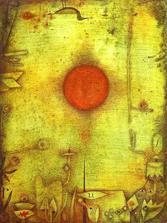 <br><b>Klee - Ad Marginen (1930) - Kunstmuseum, Basel</b></br>  Eserde gnein 4 keden gelen bitkiler ve kristallerle bulumas tasvir edilmitir. Bauhaus dnemindeyken yapt bir eserdir.Basel'de Kunstmuseum'da sergilenmektedir.