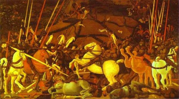 <br><b>Uccello - Battaglia di San Romano/Part I (1456)</b></br>  Sava zamanlar ve savan hissettirdikleri tasvir edilmitir. Floransa'da bulunan ffuzi galerisinde sergilenmektedir.