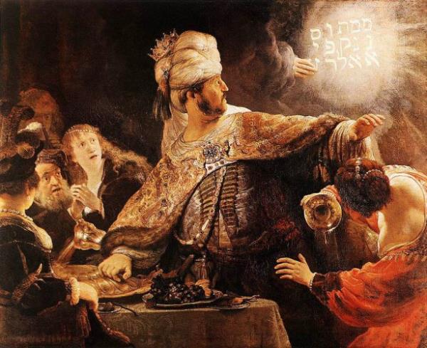<br><b>Rembrandt - Belshazzar's Feast (1635) - National Gallery, Londra</b></br>  Eserde Babil Prensi Baltazar "Duvardaki Yazya" bakmaktadr.Eserin ilham Daniel Kitabnda geen Babil mparatorluun kn haber veren doast yazdr.Eser Londra'da National Gallery'de sergilenmektedir.