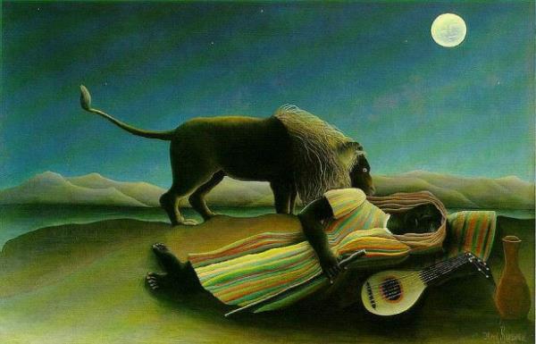 <br><b>Rousseau - Sleeping Gypsy (1897) - Museum of Modern Art, New York</b></br>  Modern zamanlarn en nemli eserlerindendir.Ay nda uyuyan bir kadn ve bir aslan tasvir edilmitir. New York'da Museum of Modern Art'da sergilenmektedir.