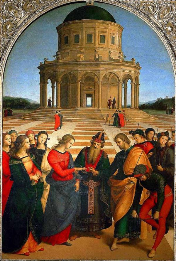 <br><b>Raffaello - Sposalizio della Vergine (1504)</b></br>  Kadnlarn Hristiyan dinindeki durumlarnn tasvir edilmeye alld eserdir. Milano'da bulunan Piancoteca di Brera'da sergilenmektedir.