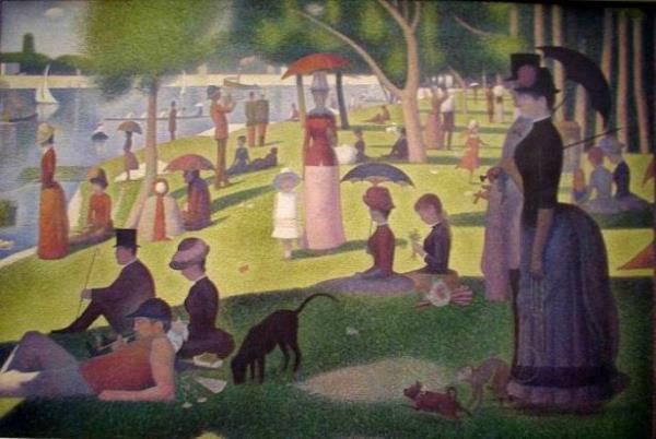 <br><b>Seurat - La Grande Jatte (1886) - Art Institute, ikago</b></br>  Ressam Seurat Park'na giderek ve orada oturarak deiik figrlerin eskizlerini yapmtr ve bu figurleri eskizlerden ana tablo zerine geirerek tabloyu oluturmutur.Chicago'da Art Institute'de serglenmektedir.