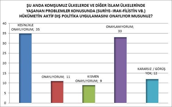 Ankette dikkat ekici bir ayrntda Trkiye'nin d politika ynetimi ile ilgiliydi. Ankette, 'hkmetin aktif d politikasn onaylyor musunuz?' sorusuna verilen cevapta 'Kesinlikle onaylyorum, onaylyorum, ksmen onaylyorum diyenlerin oran yzde 55'i at. zellikle muhalefet tarafndan youn eletirilere urayan hkmetin d politikas aratrmaya muhatap kiiler tarafndan nemli lde onaylanyor sonucu kt.