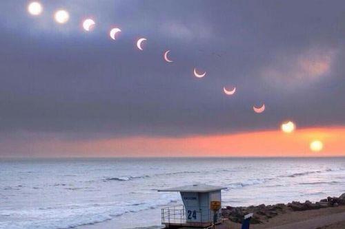 Yaklak 2 saat sren gne tutulmasnn 11 fotoraftan oluan aamalar.. Huntington Beach