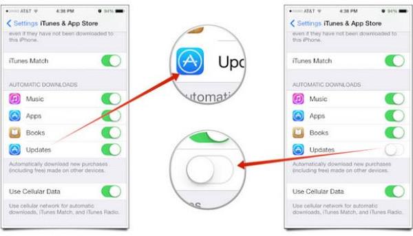 Otomatik gncelletirmeleri kapatn. Srekli arkaplanda uygulama gncelletirmeye alan bu zellik de iPhone'lar yavalattndan Ayarlar>iTunes & Uygulama Maazas> Otomatik Gncellemeler blmndeki butonu pasifize edin.