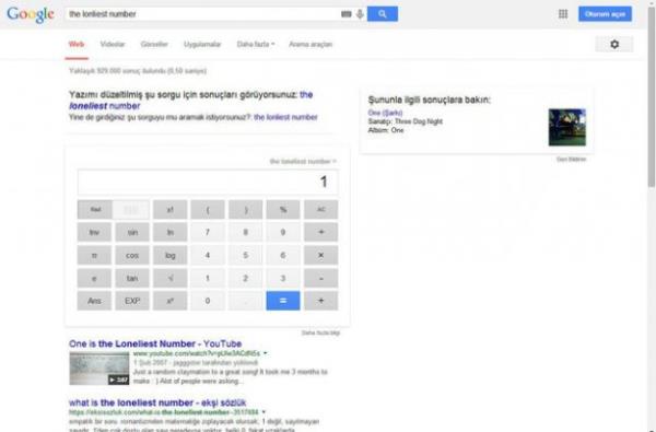 rnein, en yalnz say anlamna gelen "the lonliest number" yazp arattnzda Google bize bu saynn "1" olduunu sylyor.