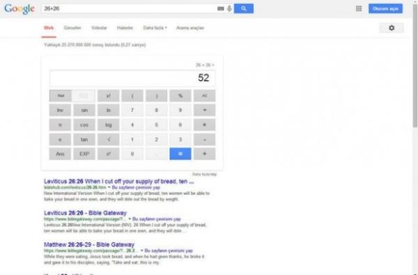 Tek yapmanz gereken; arama blmne yapmak istediiniz ilemi yazmak ! Gerisi, Google'a kalm. Drt ilemin yan sra l birimlerini de birbirine evirebildiiniz bu hesap makinesi hizmetinin iinde de espriler gizli.