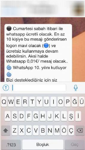 Whatsapp'n kullanclardan yllk bir defaya mahsus cret ald doru; ancak mesaj bana cret alm sz konusu deil. Bu nedenle bu tr mesajlara hibir ekilde itibar edilmemesi gerekiyor.