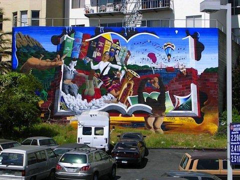 San Francisco'da bir duvar resmi:Gabriel Garcia Marquez'in Yzyllk Yalnzlk,J.D. Salinger'n avdar Tarlasnda ocuklar,Cervantes'ten Don Kiot ve Douglas Adams'dan Otostopunun Galaksi Rehberi'nden derlenen bir izim.