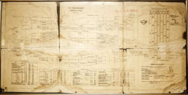 Geminin gvertesine k noktasnda bulunan ve Savarona'ya ait o dnemden kalma tek belge olan kroki korundu.