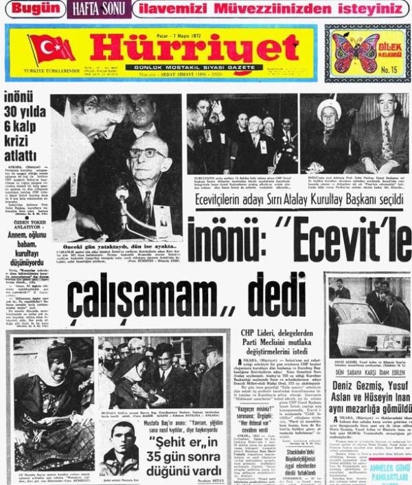 <br><b>BR DEVRN SONU</b></br>  <br><b>7 Mays 1972 - CHP</b></br>    "Ya ben, ya Blent" diyen smet nn'ye kar delegeler "Demokratik bir partinin kanunlara saygl zgr yeleri mi olacaz, kapkullar m olacaz. Karar sizindir" szleriyle seslenen Ecevit kazanyor ve CHP'de 33 yl, 4 ay, 11 gn sren nn dneminin sona eriini ilan ediyordu. Ertesi gnk gazete manetleri yeni dnemi u balkla duyurdu: "ef Partisi'nden Halk Partisi'ne..."