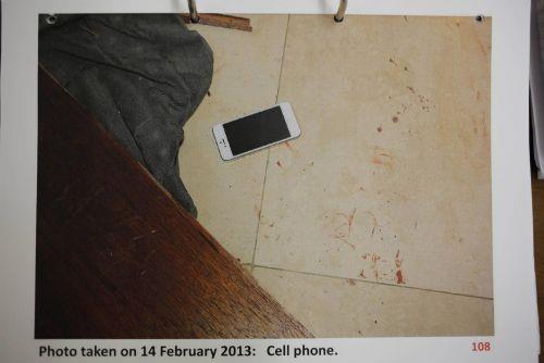 Cinayetin ardndan olay mahallindeki kan damlalar cinayette kullanlan silah, kanl bir havlu, kriket sopas ve cep telefonu...