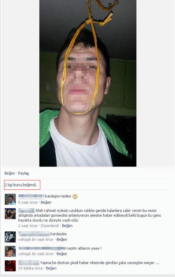 Isparta'da, bir gen kendini asarak yaamna son verdi. Gencin intihardan nce boynuna geirdii iple fotorafn ekip Facebook'tan yaynlad.