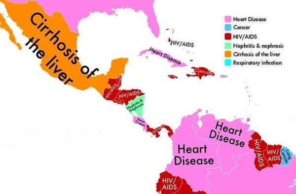Meksika'da insanlar en fazla Siroz nedeniyle lrken Guetemala, Belize, El Salvador ve Honduras'ta ise en ok lme ADS neden oluyor. Nikaragua'da bbrek hastalklar en fazla lme neden olan hastalk olarak gze arpyor.