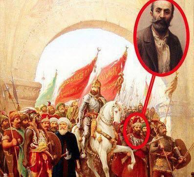 talyan ressam Fausto Zonaro, kendini Fatih'in stanbul'a giriinde solundaki yenieri olarak resmetmitir.