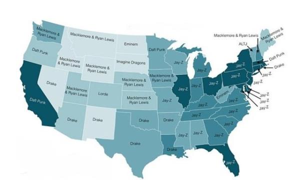Amerika Birleik Devletlerinde En popler arkclarn haritas