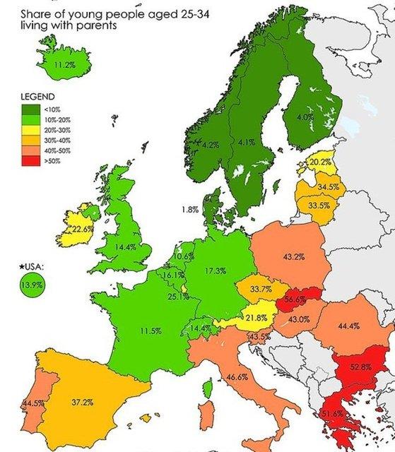 Avrupa'da 25-34 Ya Aras Ailesi le Yaayanlarn Haritas