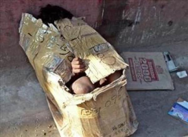 Hintli sokak ocuu, karton kutunun iinde uyumaya alyor.