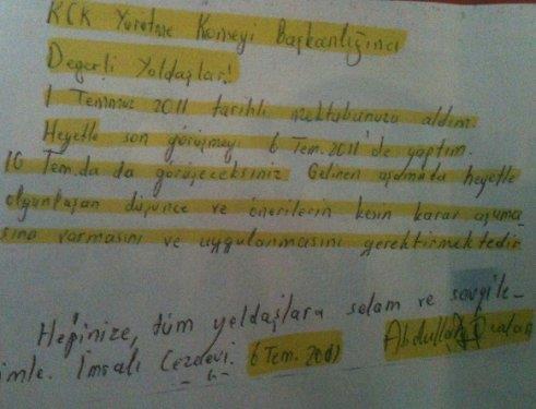 KCK Soruturmasnda ele geirilen bir belgede calan'n el yazsyla kaleme ald bu mektuptu.