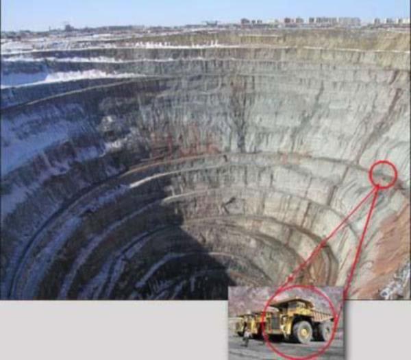 ukurun ne derece byk olduunu anlamak iin hafriyat tayan kamyonun ukurda ne kadar kk kaldn grmek yeterli oluyor.