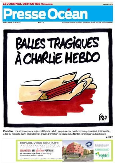 Nantes'ta yaymlanan Presse Ocean "Charlie Hebdo'ya trajik kurun" manetini att.