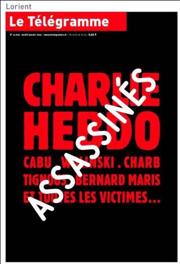 La Telegramme ise Charlie Hebdo, ldrlen izerler ve dier kurbanlar yazp "Katledildiler" manetini att.