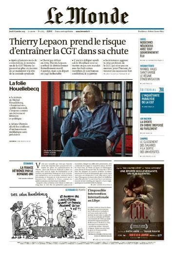 Fransa'nn referans gazetesi diye bilinen Le Monde ise saldr sonras gelimelere internet sitesinde geni yer vermesine ramen erken baskya giren gazetenin manetini deitirmedi. Le Monde, Fransa Genel i Konfederasyonu Bakan Thierry Lepaon'a yer verdi.