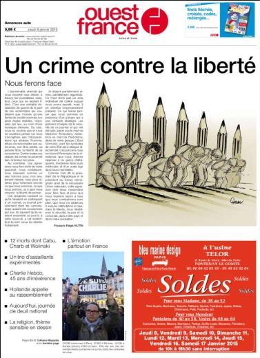 Bir baka yerel gazete olan Ouest France, olduka etkileyici bir karikatrle birlikte "zgrle kar bir su" manetine yer verdi.