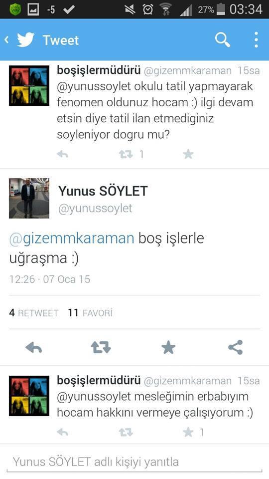 rencilerin kendisinden okulu tatil etmesini istedii Sylet, hazr cevaplaryla bir anda rencilerin ilgi oda oldu. Sylet'in twitleri yzlerce retweet ald.