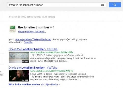 En yalnz say hanigisi: Google'a zor sorular sormaktan ekinmeyin. "What is the loneliest number" (en yalnz say hangisi) yazdnzda Google'n hesap makinesi, size "1" cevabn verecek.