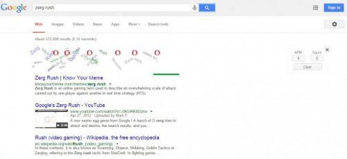 Google'ye zerg rush yazarsanz bir anda "0"lar kacak ve google ekranndaki hereyi yemeye balayacaklar ve sizinde onlar vurma gibi bir zelliiniz olacak.