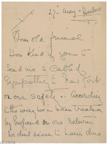 ngiliz basn mektupta yer alanlara dayandrarak yazdklarna gre yaplan soruturma sonucunda gemide 'utan verici' bir muamele yapld ortaya kt. Aristokrat moda tasarmcs Lady Lucile Duff-Gordon tarafndan Mays 1912'de yazlan mektup Boston RR Mzayede'si tarafndan sunuldu.