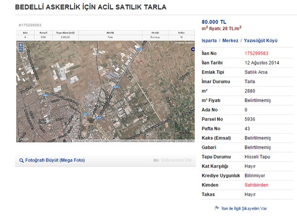 Tarla & Arsa vs...<br>  28 yandan gn alm kiilerin 18 bin TL deyerek Bedelli Askerlik yapmalarna ilikin karar kartlan yasayla yrrlle girdi. Peki imdi bu 18 bin TL nereden bulunacak? Banka kredileri zellikle maal alanlarn imdadna yetiirken birok "Mehmetiin" de ykte hafif pahada ar rnlerini internet sitelerinden sattna ahit olmaktayz.