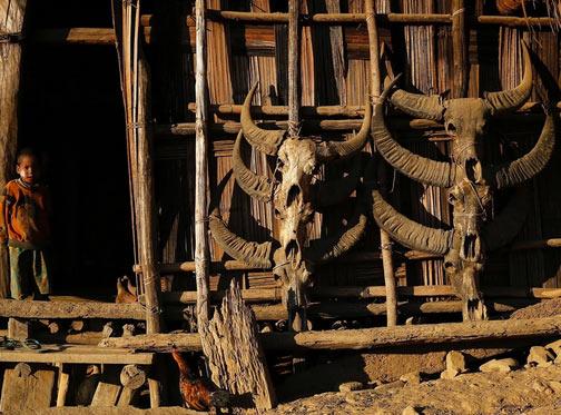 Yansi'de hayvan iskeletleriyle dekore edilmi bir ev...