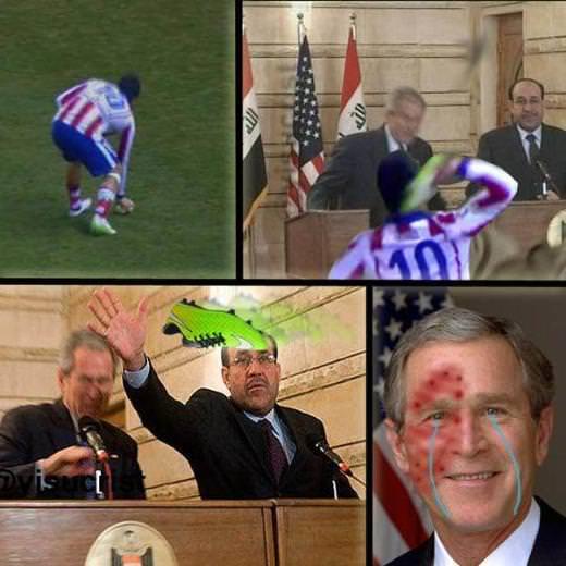 Facebook ve Twitter gibi sosyal paylam sitelerinde, 2008 ylnda Irak Babakan Nuri el-Maliki ile basn toplants srasnda Irakl bir gazetecinin ABD Bakan George W. Bush'a att ayakkab olay ile Arda Turan'n ma srasnda frlatt krampon arasnda balant kurularak, esprili yorumlar yapld.