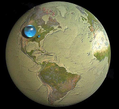 Eer Dnya'daki tm sular bir kre olacak ekilde bir araya toplansa, bu krenin ap 1384 kilometre civarnda olacaktr. Bu, Satrn'n uydusu Tetis kadar byktr. Fotorafta byk mavi kre Dnya'daki tuzlu sular, kk kre ise tatl sularn toplamn gstermektedir. Bunlarn bykl Dnya'ya kyaslanmaktadr.