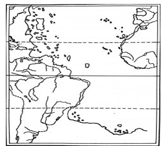Ortada Atlas Okyanusu var. Haritanın kuzeyinde ve güneyinde 32′şer uçlu birer rüzgargülü var. 95′e 65 cm büyüklüğünde. Ayrıca haritanın üzerinde renkli resimler görülüyor.
