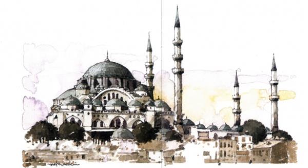 Süleymaniye Camisi    İstanbul'un simgesi sayılan Süleymaniye Camisi, kent siluetinde önemli bir yere sahiptir. Türk Mimarlık tarihinin en büyük külliyesinin merkezi olan cami, dört minareli ve toplam on şerefelidir: Sinan bununla Kanuni Sultan Süleyman'ın İstanbul'un fethinden sonra dördüncü ve Osmanlı Devleti'nin de onuncu padişahı olduğuna işaret etmiştir. 1557 yılında tamamlanan bu camiyi Sinan, kendisinin kalfalık eseri olarak kabul etmiştir.  Süleymaniye Külliyesinde dört medrese, darüşşifa, imaret, kervansaray, sıbyan mektebi gibi birçok yapı vardır. Kanuni Sultan Süleyman'ın ve eşi Hürrem Sultan'ın türbeleri de buradadır. Mimar Sinan da, kendisi için külliye içinde inşa ettiği mütevazı türbede gömülüdür.