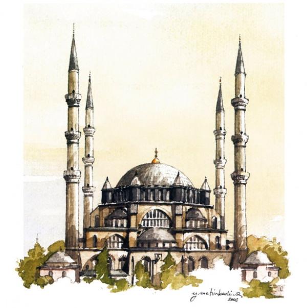 SELİMİYE CAMİSİ<br>    Sultan İkinci Selim tarafından yaptırılan cami, Mimar Sinan'ın ustalık eseridir. Selimiye aynı zamanda Türk mimarisinin en büyük kubbeye sahip başyapıtı kabul edilmektedir. Caminin ana kitlesinin dört köşesinde dört yüksek minare yer almaktadır. Alt mekânı örten tek . kubbe, büyüklüğü ve yalın ifadesi ile türünün eşsiz bir örneğidir. Bu yapıda Sinan, örtü eleman 1 olarak kullandığı kubbe mimarisinde zirveye çıkmıştır. Caminin çini ve kalem işleri gibi süslemesi de ilgi çekicidir.