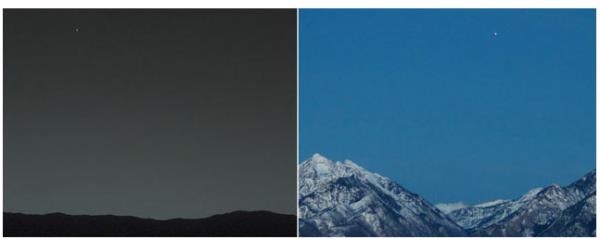 Soldaki fotorafta Mars'tan grlen Dnya (Yldz gibi grlen parlak nokta)...  Sada ise dnyadan grntlenen Mars