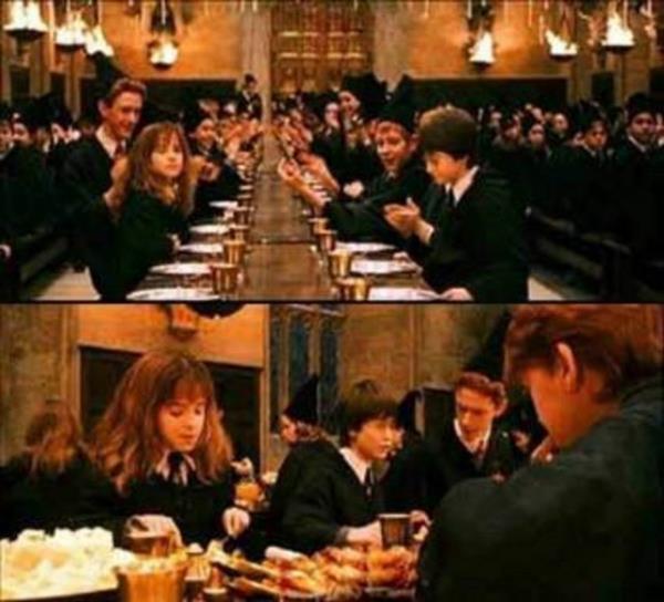 Harry Potter ve Felsefe Ta- Harry'nin yeri bir anda deiir Harry Potter serisinin birinci filminde, okul yemeinde Harry ilk nce Gryffindor'un sa tarafna oturur. Ancak, sonraki karede Harry birdenbire yer deitirir ve Hermione'nin yannda otururken grlr.