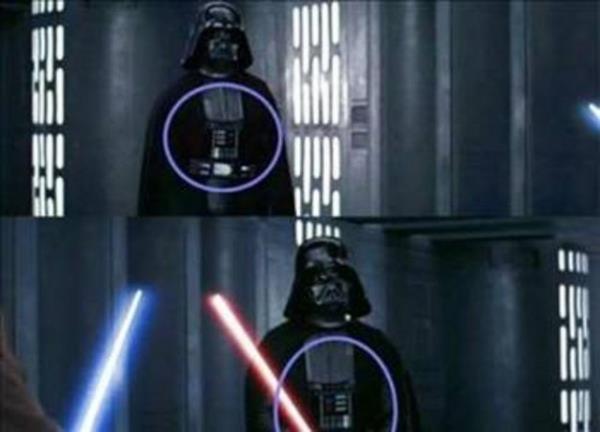 Yldz Savalar - Darth Vader&#8217;n gsndeki plakann dnmesi Darth Vader ile Ben&#8217;in savatklar sahnede Darth Vader&#8217;n gsndeki metal plaka zerindeki tulardan anladmz zere tam tersine dnm durumda.